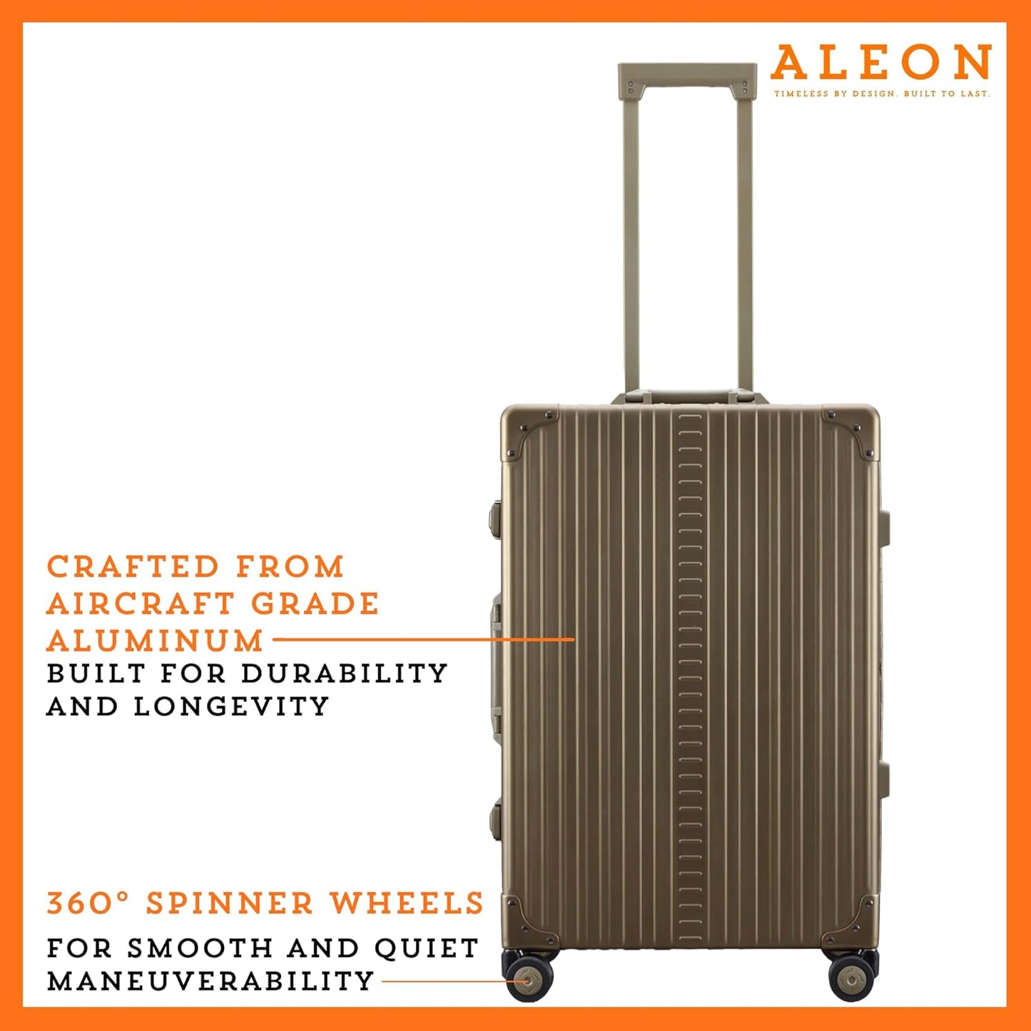 Aleon All Aluminum Lightweight 26" Carry-On Luggage - Hardside Carry-On Suitcase, TSA Approved, Hard Shell Suitcase for Travel, Airline Approved Hard Spinner Wheels Luggage (Champagne)