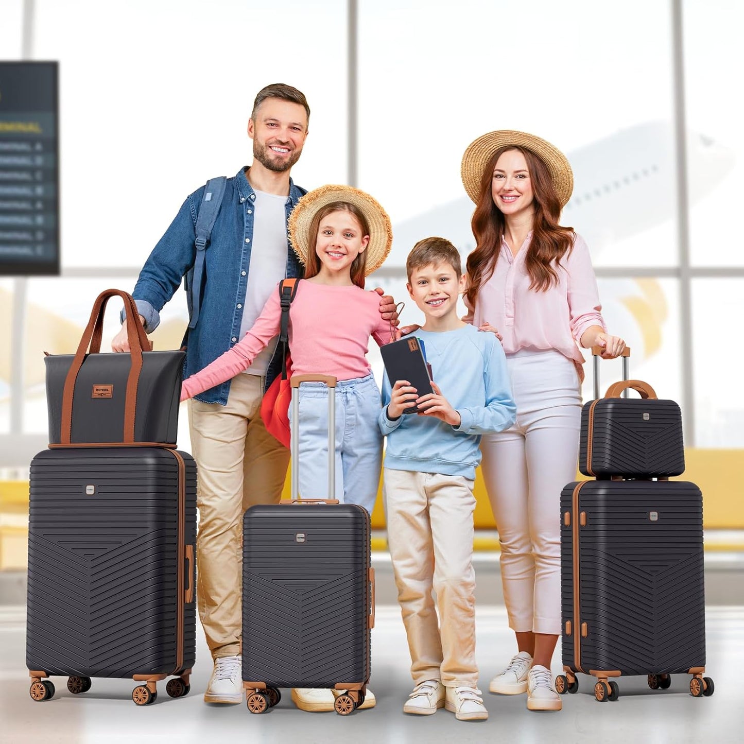 Hoteel 6 Piece Luggage Set (4-YEAR WARRANTY) with Spinner Wheels & TSA Lock, Carry on Luggage Hardshell ABS+PC, Travel Collection Suitcases Sets, Black(13/20/24/28",Travel Bag,Cosmetic Bag)