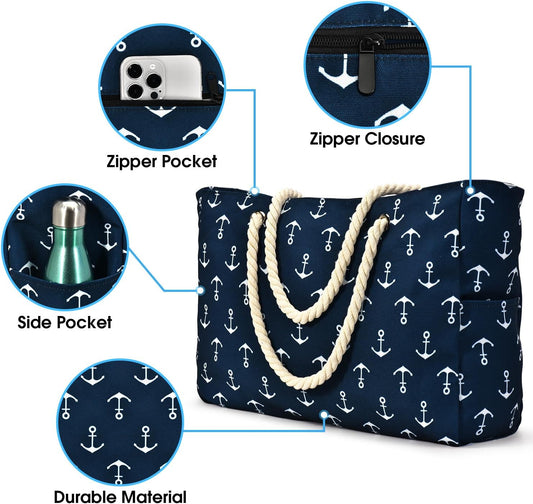 Becokan Beach Bag Large Beach Tote Bag for Women Waterproof Sandproof Swim Pool Bag With Zipper