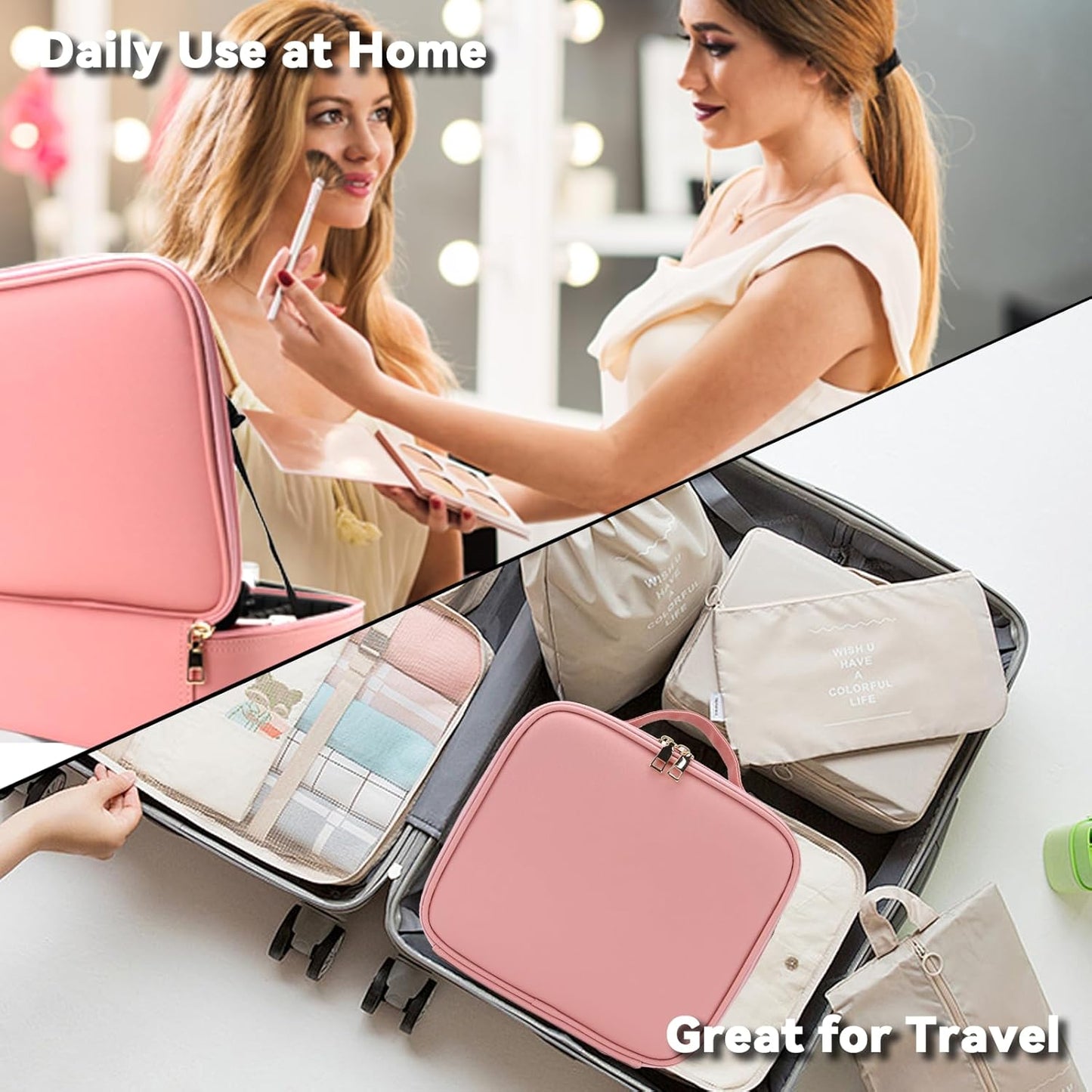 Travel Makeup Bag with LED Mirror and 10x magnifying glass with 3 Lighted Settings, Adjustable Dividers and Makeup Brush Storage Bag Pink