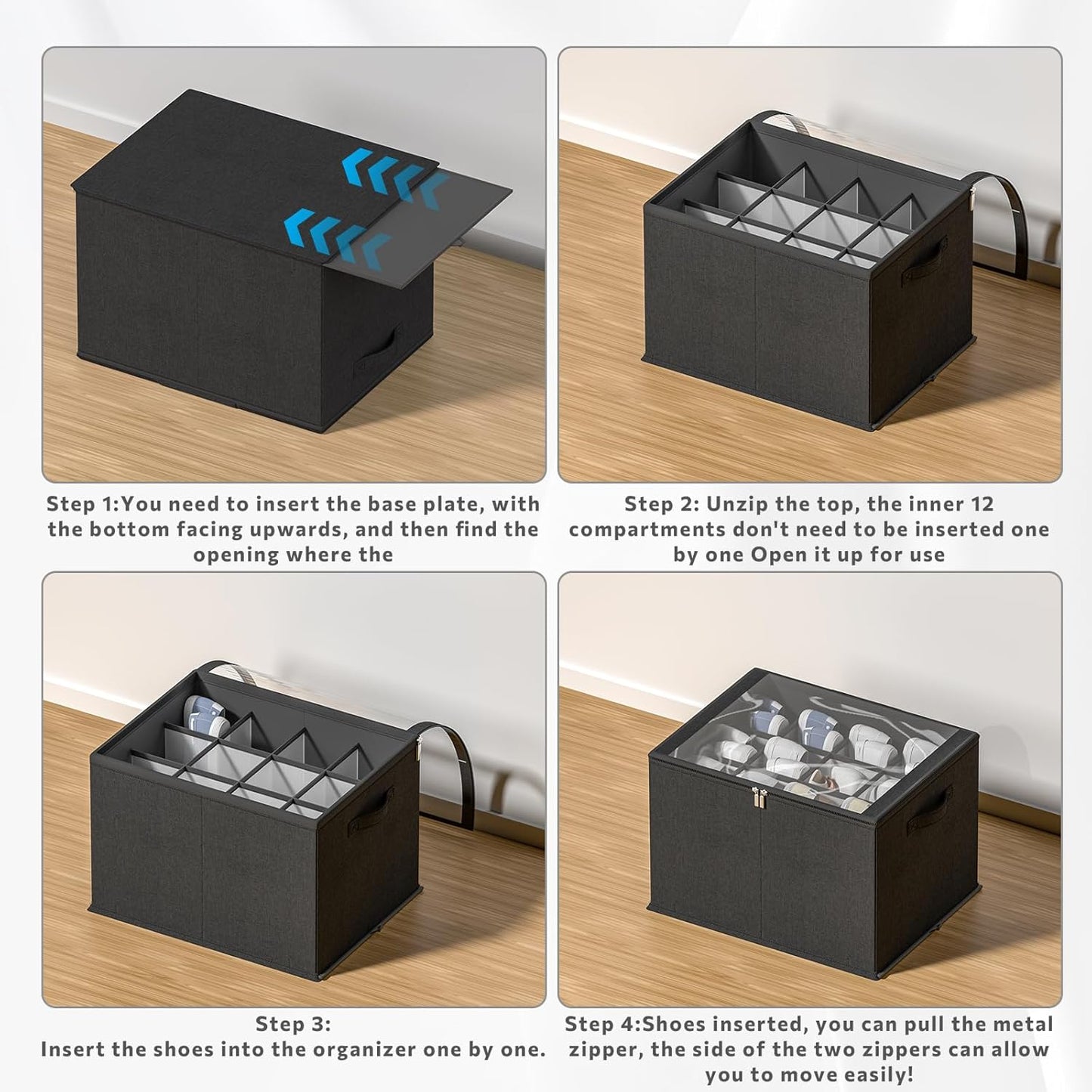 2 Pack Shoe Organizer for Closet - Shoe Storage Bins with Clear Cover, Fabric Shoe Storage Containers with Reinforced Handles, Fits up to 24 Pairs (Black, 16.5 * 12.6 * 12.2in)