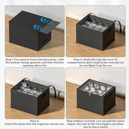 2 Pack Shoe Organizer for Closet - Shoe Storage Bins with Clear Cover, Fabric Shoe Storage Containers with Reinforced Handles, Fits up to 24 Pairs (Black, 16.5 * 12.6 * 12.2in)