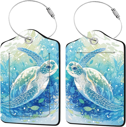 2 Pack Sea Turtle Luggage Tags, Leather Luggage Tags for Suitcases, Privacy Cover ID Label with Stainless Steel Loop & Address Card, Funny Sea Turtle Travel Bag Tag Luggages Accessories for Suitcases
