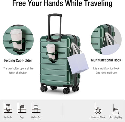 KYME Hardside Carry On Luggage 22x14x9 Airline Approved with TSA Lock Hardshell 22 Inch Suitcase with Spinner Wheels Small Travel Rolling Luggage with Cup Holder for Men Women Green