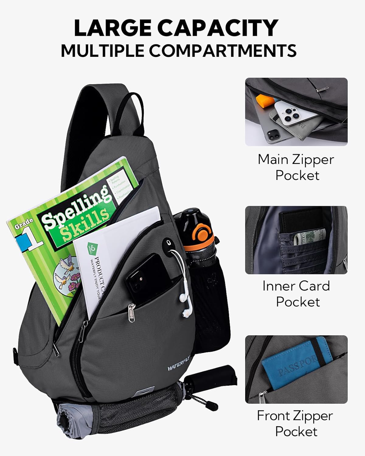 WATERFLY Large Crossbody Sling Bag: Over Shoulder Backpack Daypack Casual Cross Chest Side Pack