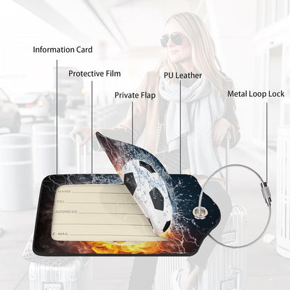 2 Pack Luggage Tags for suitcases Football Soccer Ball Luggage Tag, Leather Stainless Steel Loop Label Tag for Men Women Travel Bag Suitcase(Soccer)