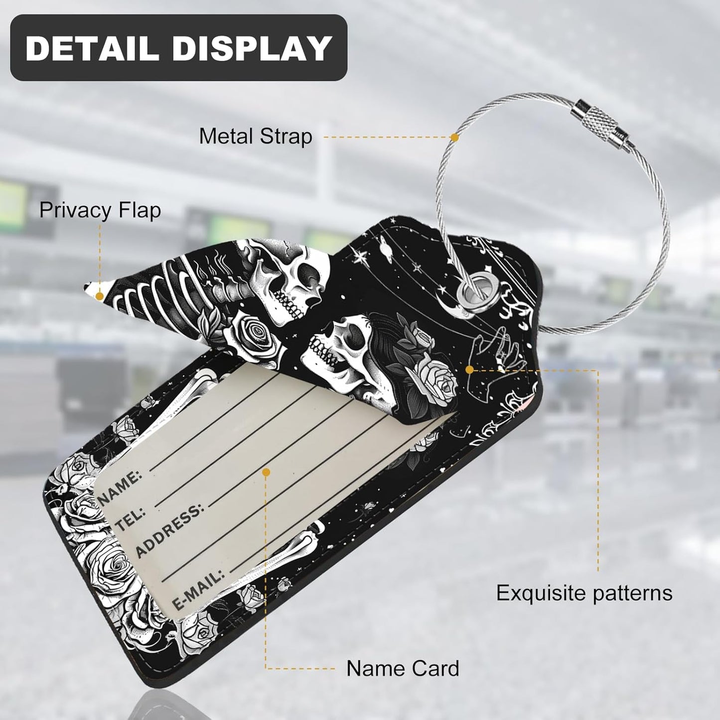 2Pack Luggage Tags for Suitcases, Cute Unique Pu Leather Cruise Luggage Tag with Privacy Cover ID Label Address Card and Metal Ring Suitable for Women Men Kids Travel Bag Skeletons and Flowers