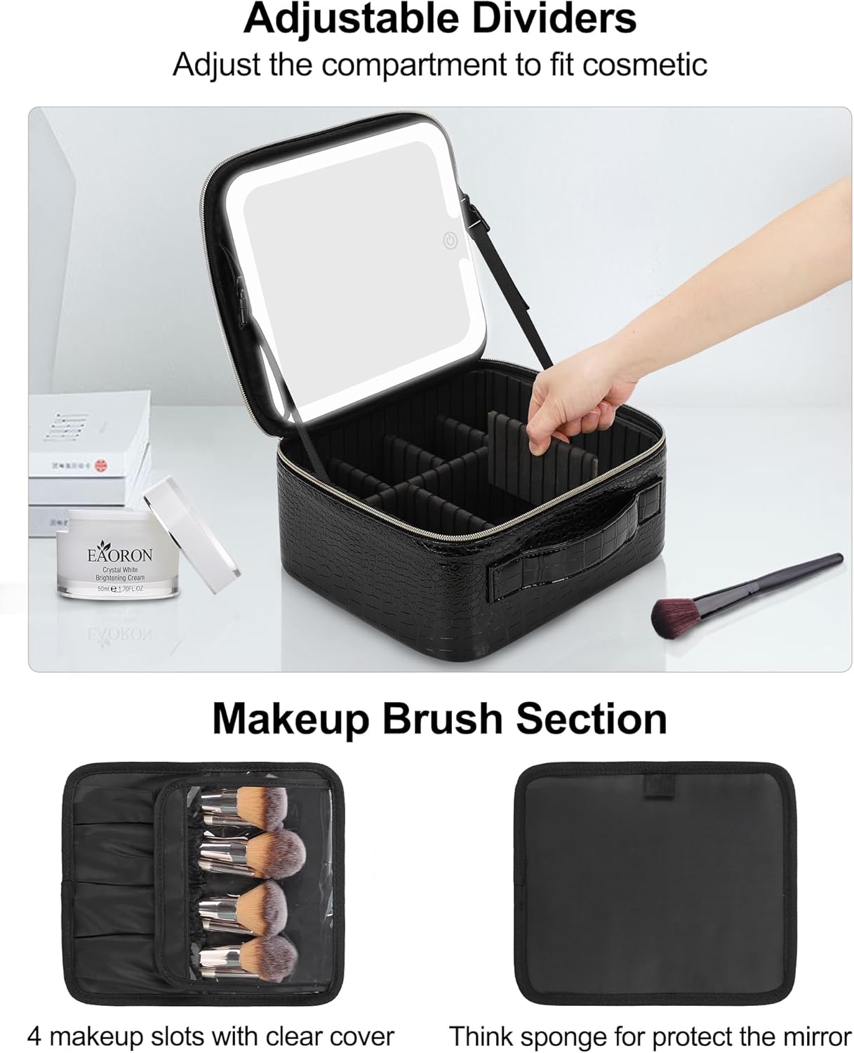 Chomeiu Makeup Bag with LED Mirror, Travel Makeup Case for Women and Makeup Artists Cosmetic Organizer Large Make Up Bags with Light Up Mirror, 3 Color Lights, Adjustable Dividers, Crocodile Pattern