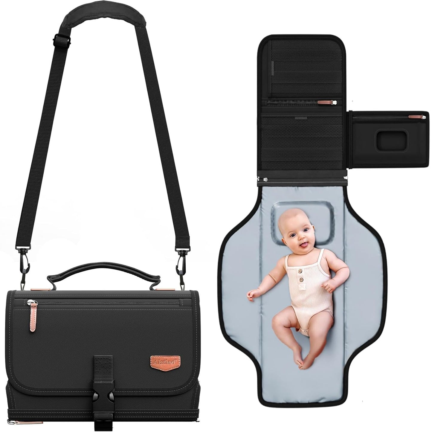 Portable Diaper Changing Pad with Shoulder Strap, Detachable Travel Changing Pad with Baby Wipes Pocket, Gifts for Baby Shower, Newborn Girls and Boys (Black)