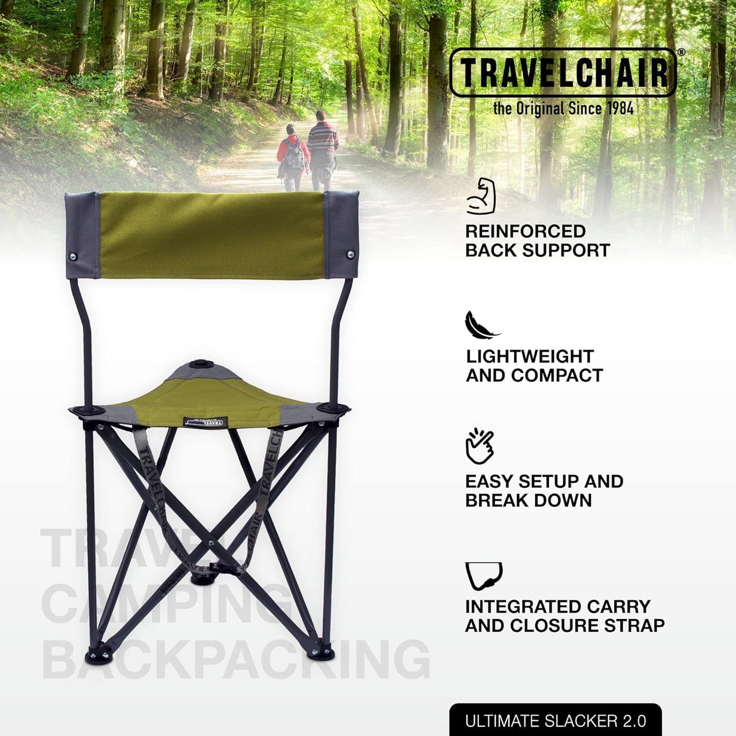 Travel Chair Ultimate Slacker, Quick Folding Tripod Stool with Backrest, Fishing Camping Hiking Chair with Carry Strap, Polyester, Green