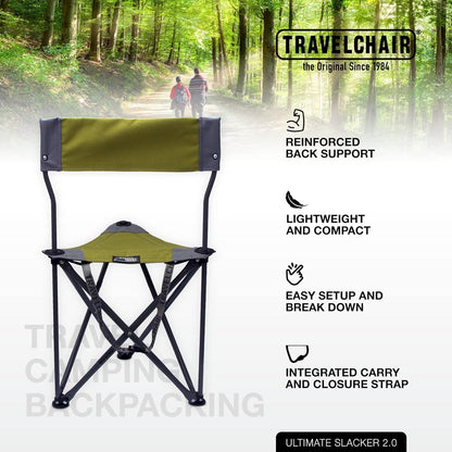 Travel Chair Ultimate Slacker, Quick Folding Tripod Stool with Backrest, Fishing Camping Hiking Chair with Carry Strap, Polyester, Green