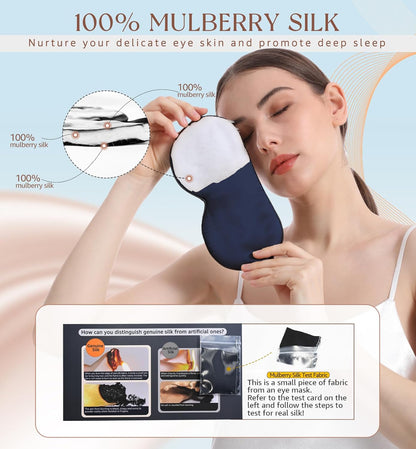 HiRui Silk Sleep Mask, 100% Natural Mulberry Silk of Double-Sided & Inner-Filling, Ultra-Smooth Soft, Adjustable Strap, Blocks Light for Night Sleeping, Travel, Office Naps (Navy Blue)