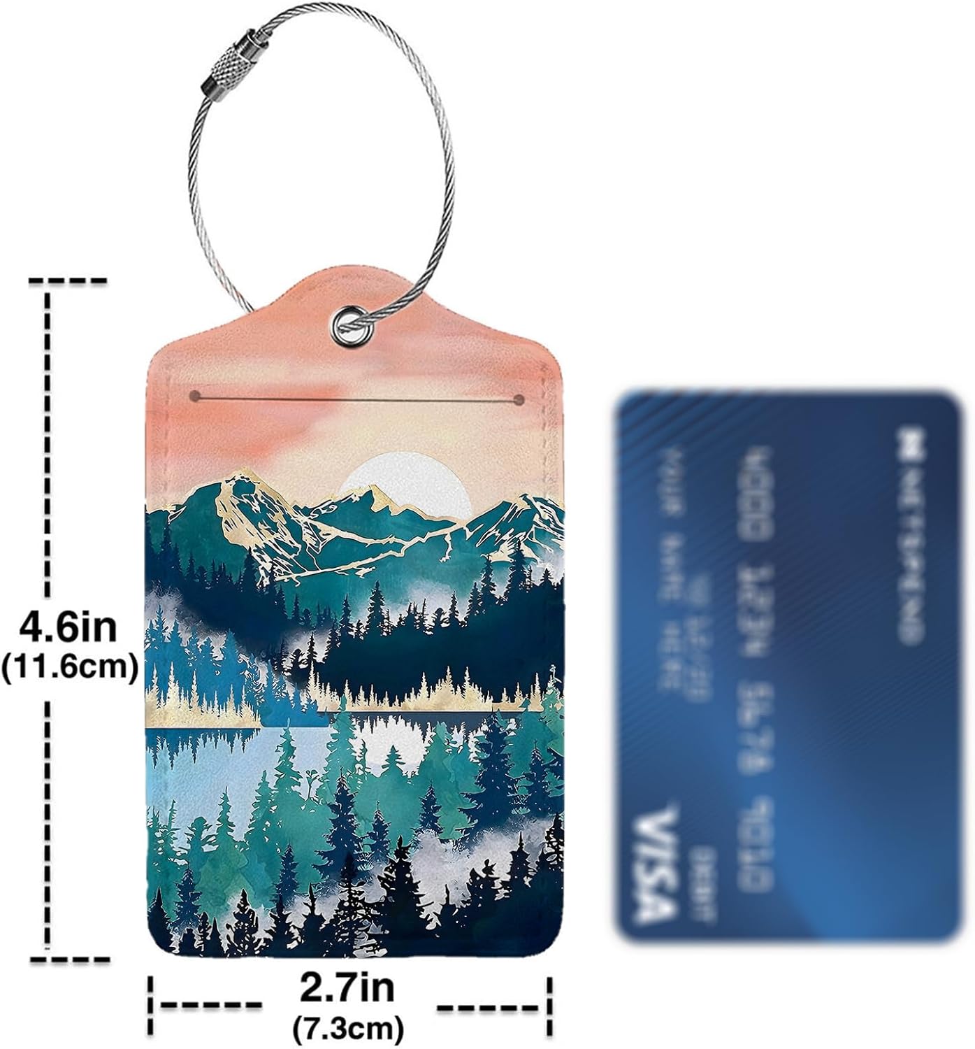 Mountain Forest Landscape Painting 2-Pcs Premium Leather Tags with Privacy Covers,Luggage Tag Stainless Steel Loops Ideal for Suitcases, Travel Bags, Backpacks