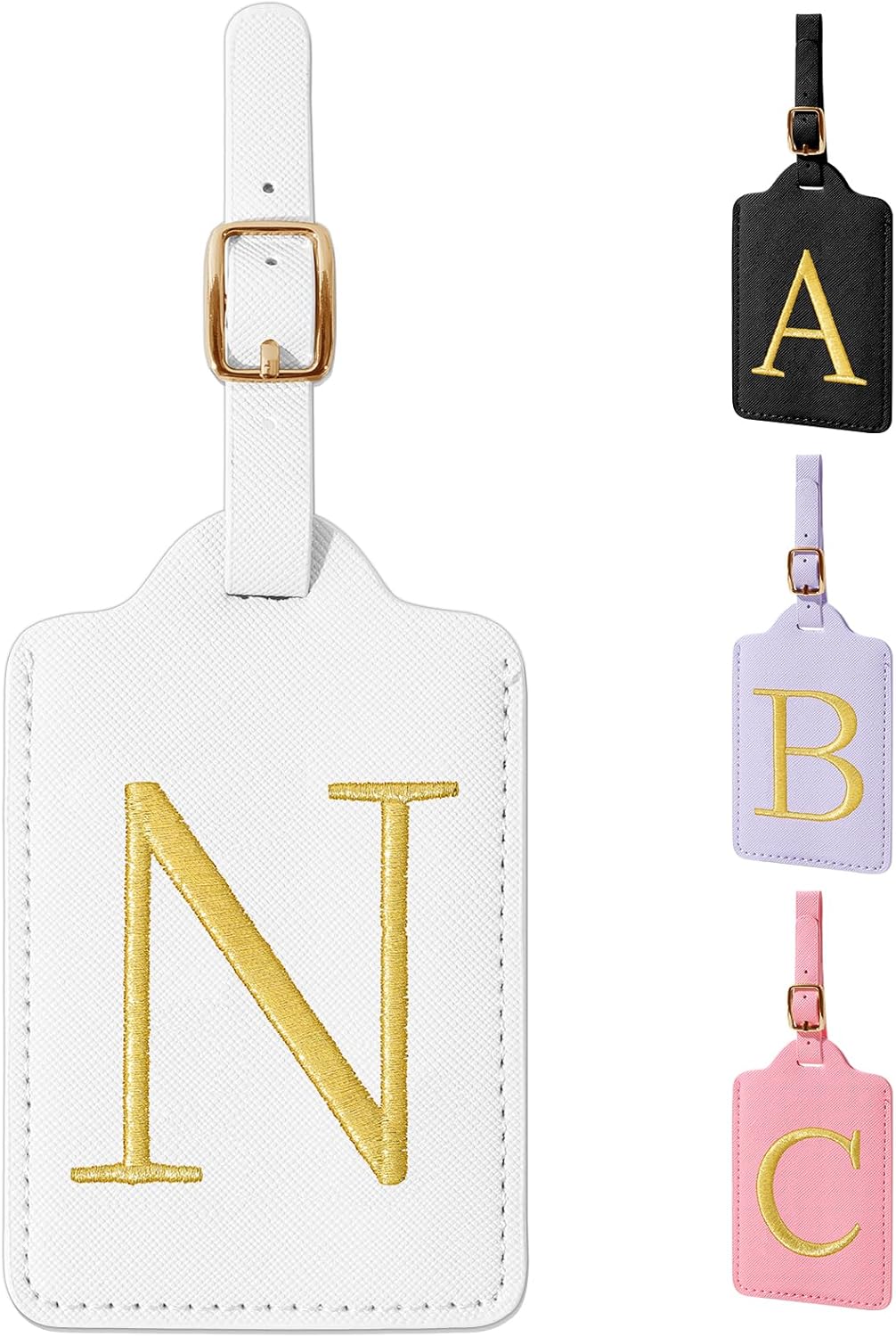 Personalized Initial Luggage Tags for Suitcase TSA Approved, White Leather Cute Luggage Tag with Privacy Cover Name Card, Embroidered Custom Luggage Tags Travel Baggage Tags Gifts for Women Kids(N)