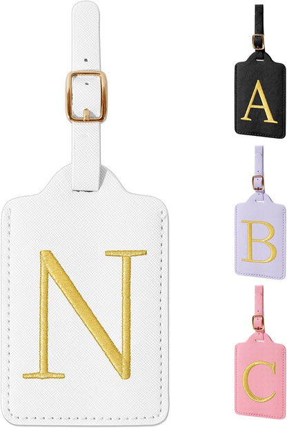 Personalized Initial Luggage Tags for Suitcase TSA Approved, White Leather Cute Luggage Tag with Privacy Cover Name Card, Embroidered Custom Luggage Tags Travel Baggage Tags Gifts for Women Kids(N)