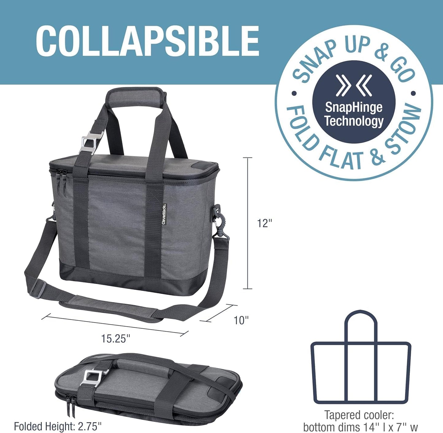 CleverMade Collapsible Insulated Cooler Bag – Leakproof Soft Folding Cooler for Beach, Travel, Car