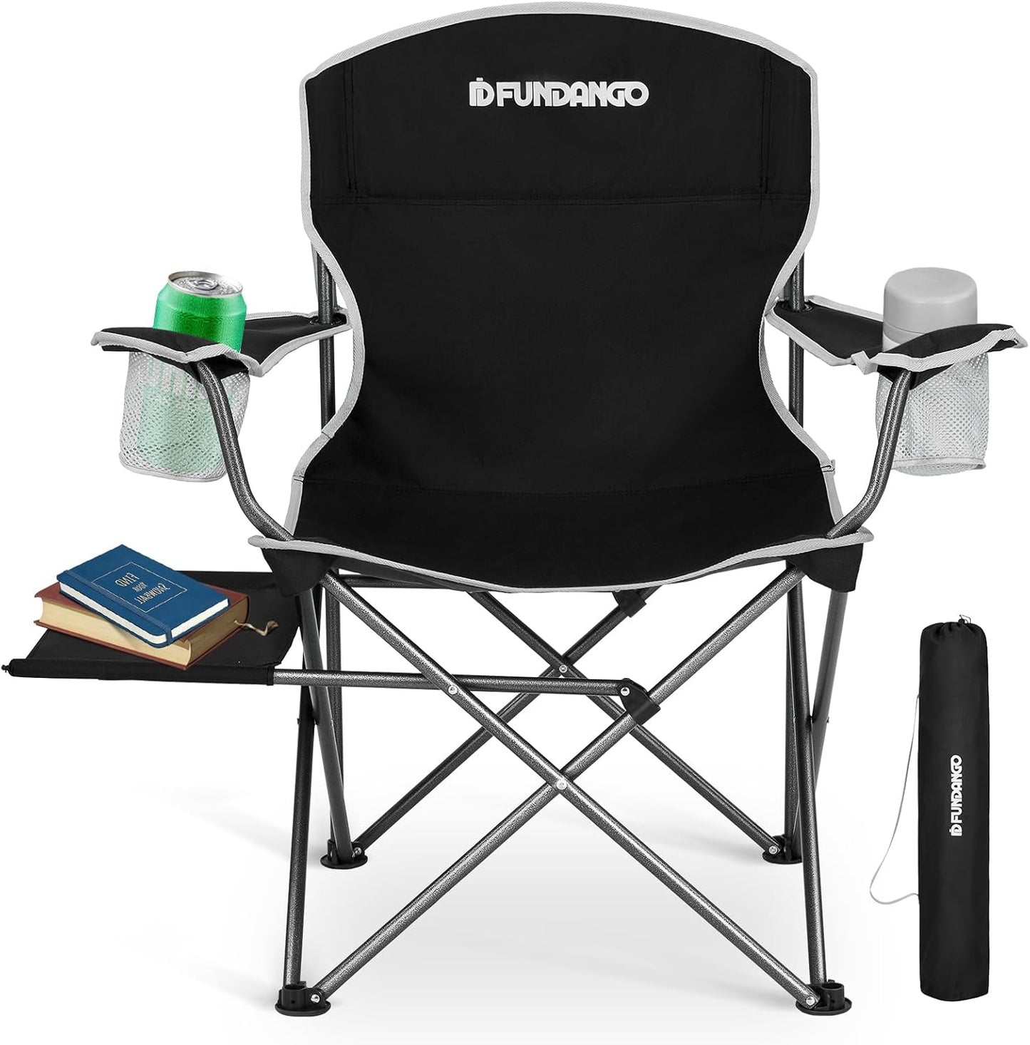 FUNDANGO Folding Camping Chair with Table, Portable Heavy Duty Outdoor Padded Chairs for Adults with Cup Holders for Lawn Beach Picnic Outside Travel (Black)