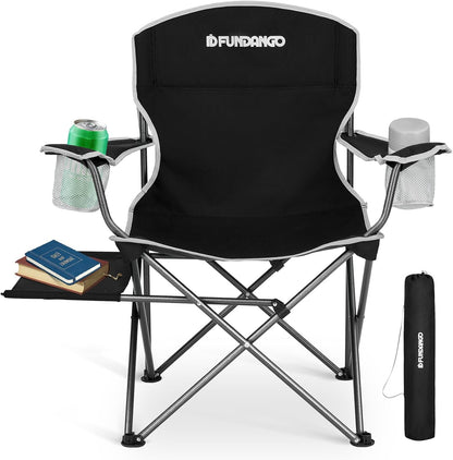 FUNDANGO Folding Camping Chair with Table, Portable Heavy Duty Outdoor Padded Chairs for Adults with Cup Holders for Lawn Beach Picnic Outside Travel (Black)