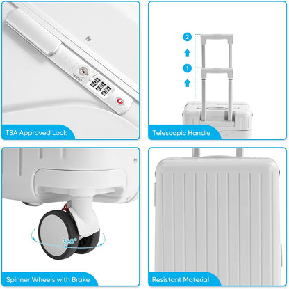 TABU 20" Ride-on Luggage with Seat For Kids & Adults，Carry On Hardshell Ride On Suitcase with 360° Lockable Spinner and TSA Lock, White