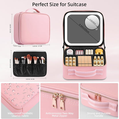 Lighted Makeup Case with Mirror, Adjustable Dividers - Portable Cosmetic Organizer Bag for Travel