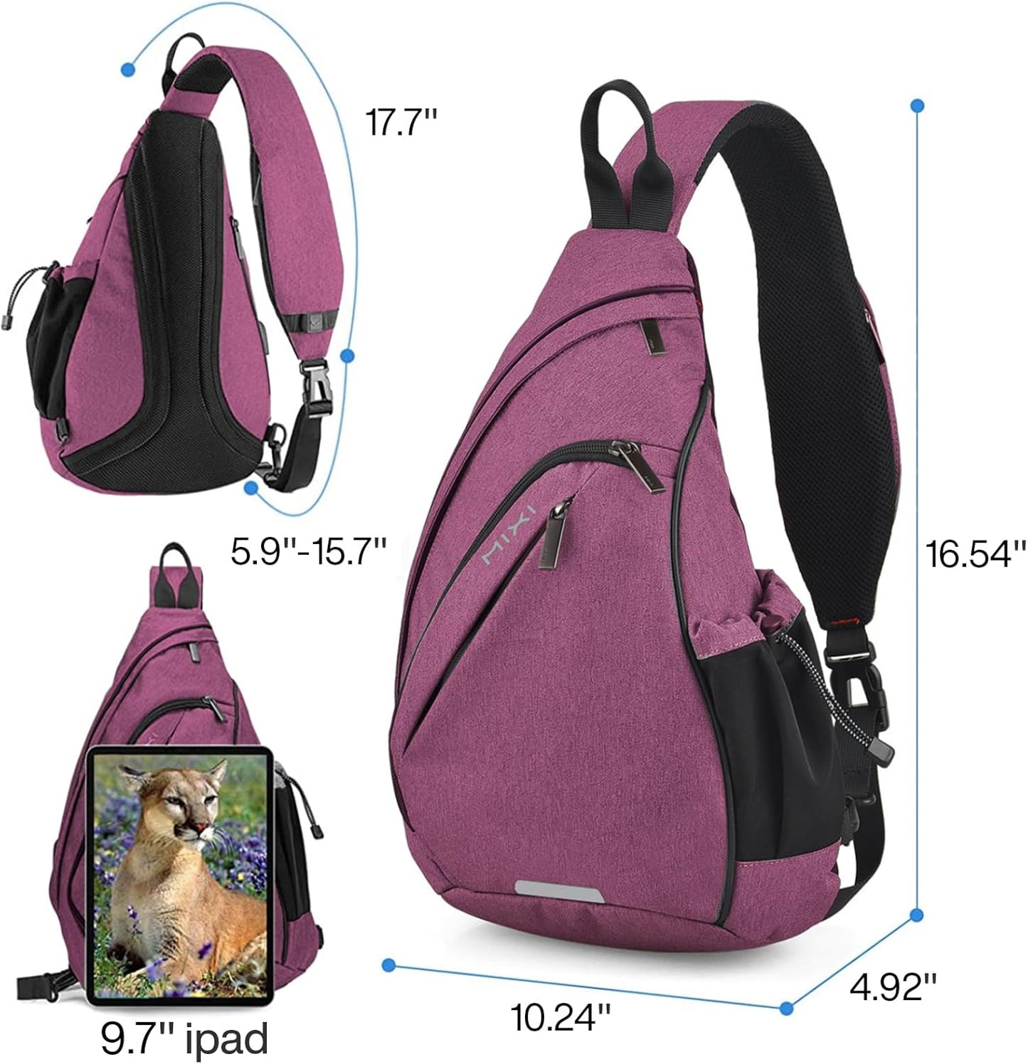 mixi Sling Bag Men Backpack Unisex One Shoulder Bag Hiking Travel Backpack Crossbody with USB Port for Men Women Versatile Casual Daypack-17 inch,Purple