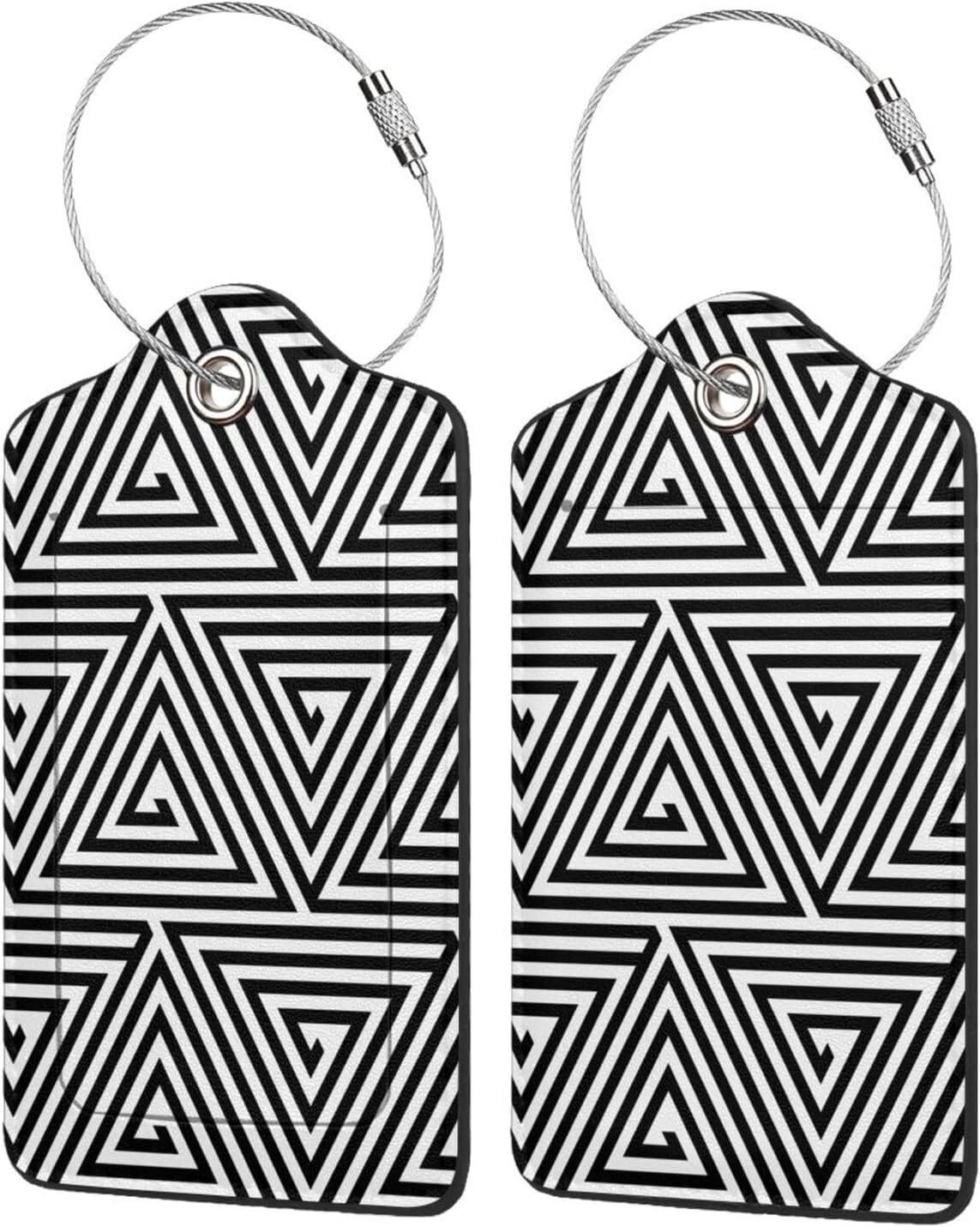 2 Pcs Black and White Abstract Patterns Luggage Tag for Suitcase, Seamless Geometric Triangles Birthday Gift, Steel Loop with Privacy Cover ID Label