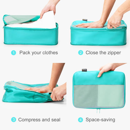 6 Set Compression Packing Cubes for Travel Essentials, Luggage Organizers for Suitcases (Teal)