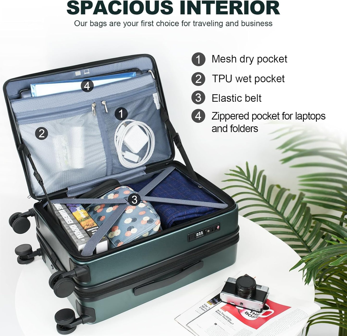 KROSER Carry On Luggage with Spinner Wheels & Built-in TSA Lock, Expandable Top Loading Hard Shell Suitcase Large Capacity Durable Rolling Luggage with USB Port, Carry-On 20-Inch, Dark Green