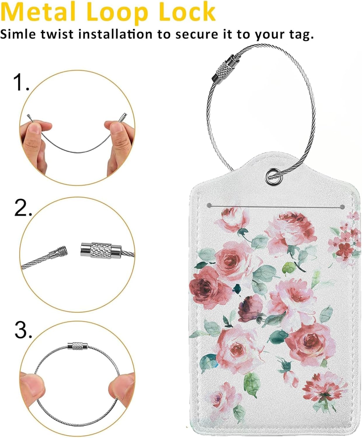 Flowers Watercolor 2-Pack Luggage Tags for Suitcases,Leather Baggage Tag with Loop, Tags Private Name ID Labels for Women Girl Men Boys Travel Baggage Suitcase