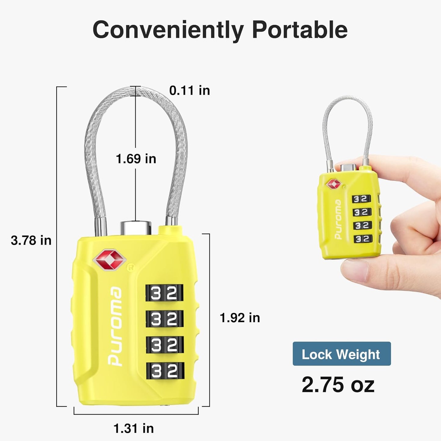 Puroma 2 Pack TSA Approved Luggage Lock, 4 Digit Combination Travel Locks Resettable Code Lock with Zinc Alloy Body for Suitcase, Toolbox, Backpack, Bag, Gym Locker (Yellow)