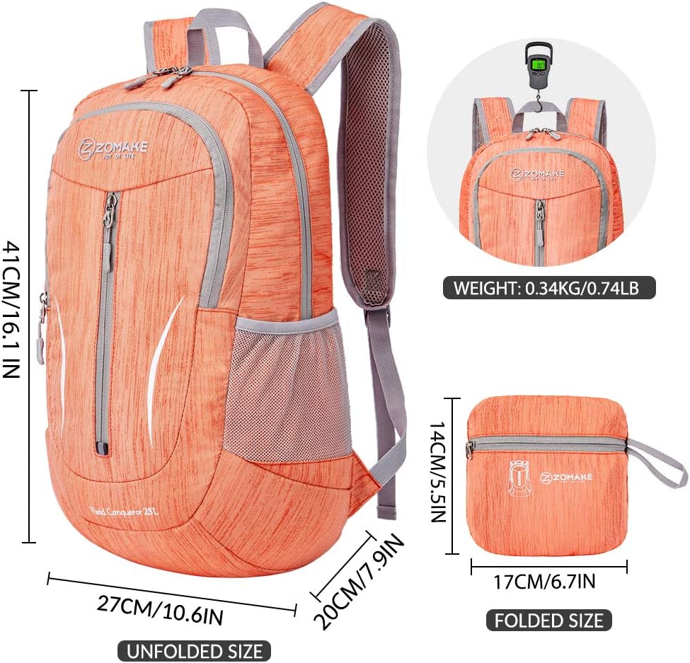 ZOMAKE 25L Ultra Lightweight Packable Backpack, Foldable Hiking Backpacks Water Resistant Small Folding Daypack for Travel(Orange)