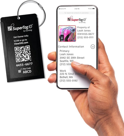 Dynotag® Web Enabled Smart Aluminum Convertible Luggage ID Tag + Braided Steel Loop, with DynoIQ™ & Lifetime Recovery Service (Midnight Black)