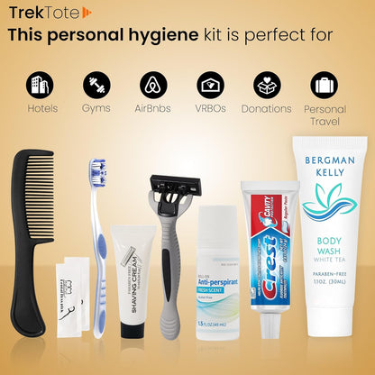 Trektote Travel Toiletry Kit For Men And Women – 10 Piece Set of Travel Size Toiletries, TSA Compliant, Includes Body Wash, Deodorant, Shaving Cream And Razor, Oral Care, Reusable Toiletry Bag & More