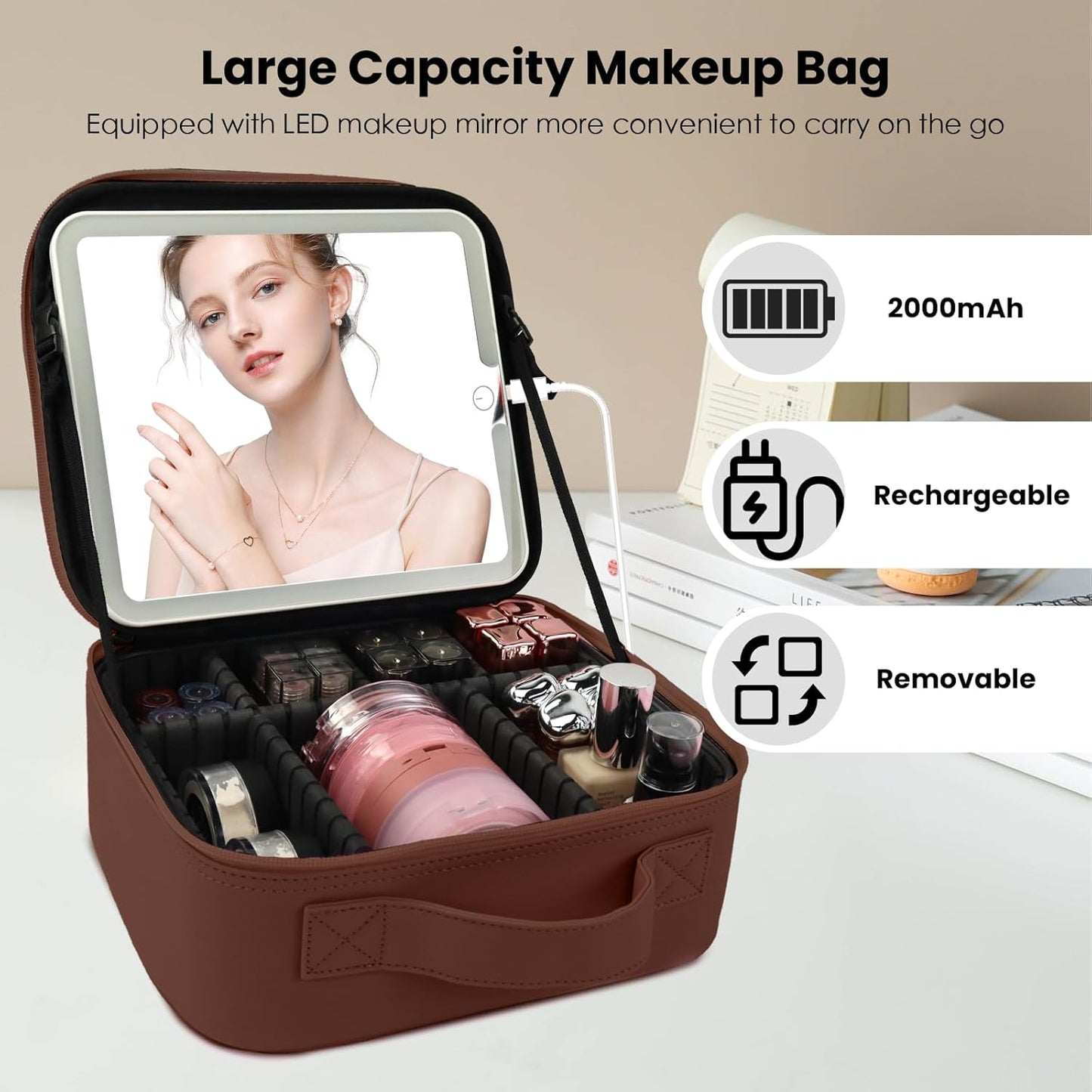 Travel Makeup Bag with LED Mirror and Light Travel Makeup Case Cosmetic Organizer Portable Cosmetic Brush Organizer Bag with Adjustable Dividers for Cosmetics Makeup Brushes Toiletry(Dark Brown)