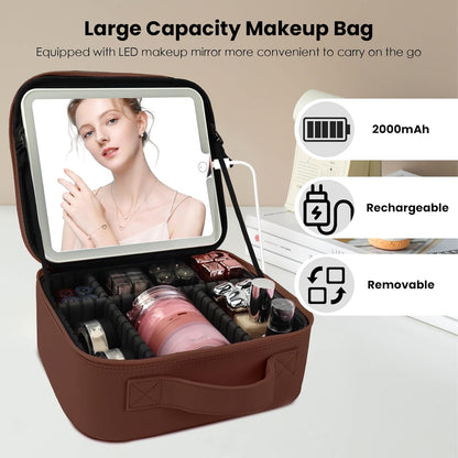 Travel Makeup Bag with LED Mirror and Light Travel Makeup Case Cosmetic Organizer Portable Cosmetic Brush Organizer Bag with Adjustable Dividers for Cosmetics Makeup Brushes Toiletry(Dark Brown)
