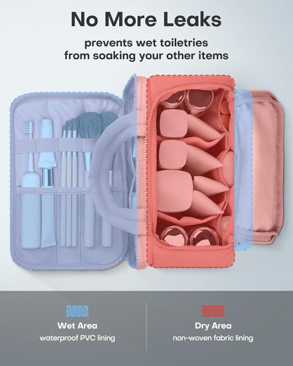 HOTOR Travel Toiletry Bag - Wide-Open Toiletry Bag for Women, Multi-Pocket Makeup Bag for Travel Essentials, Wet & Dry Separation Travel Accessories for Trip, Gym, 11.4" x 5.9" x 8.3", Dark Pink