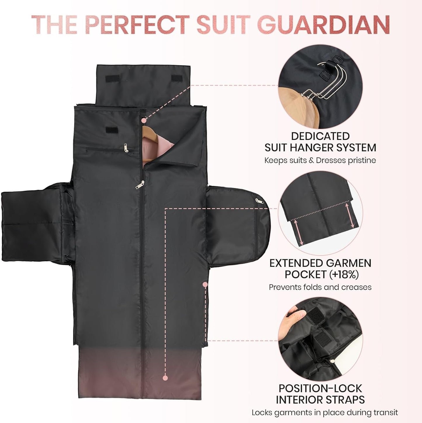 3-in-1 Rolling Garment Bags for Travel, Glitter Wheeled Carry-On Suit Luggage with Shoe Storage & Detachable Bag, Convertible Duffel Bag for Men Women Business Trips Weekender, Wrinkle-Free (Pink)