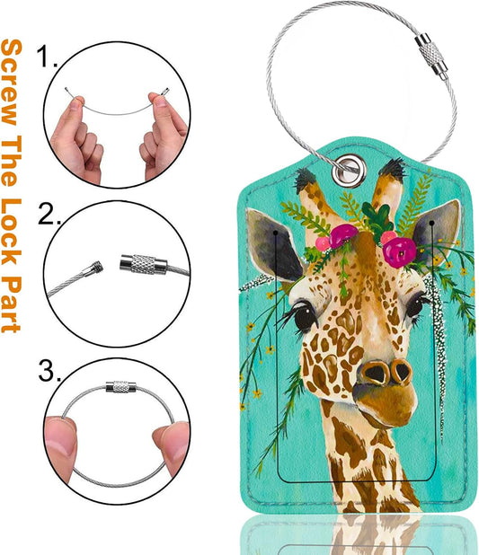 2 Pack Luggage Tag for Suitcase, Cute Unique Leather Bag Tags Identifiers Privacy Cover ID Label with Durable Steel Loop for Women Men Kids Girls Travel, Giraffe