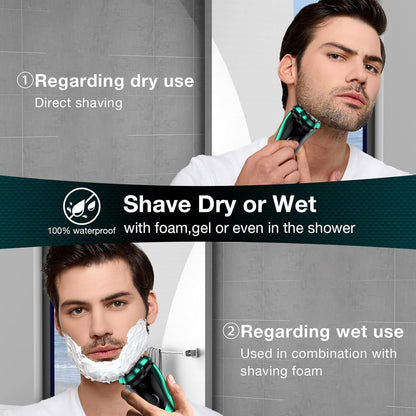 Electric Razor for Men, Rechargeable Shaver with Charging Stand, Cordless Wet & Dry Waterproof Razor with Pop-up Trimmer (Green)