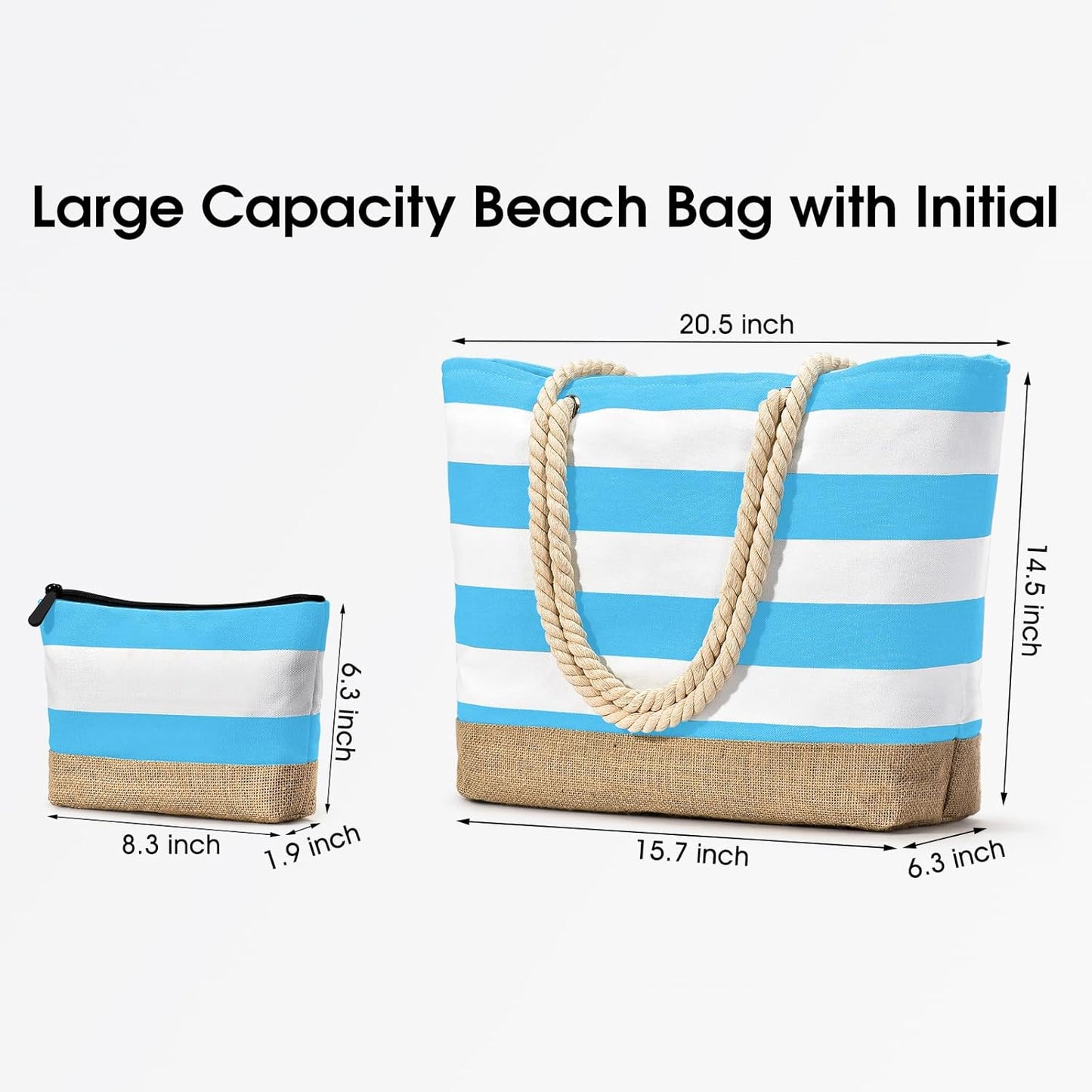 Becokan Beach Bag Initial Beach Tote with Makeup Bag for Travel Work Storage Personalized Birthday Gifts for Women Her