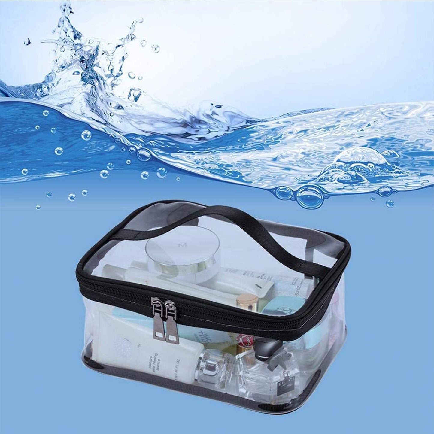 Black Transparent Cosmetic Bag Waterproof Handbag Portable Travel Work Make Up Kit Double Zipper Storage Bag, 2 PCS
