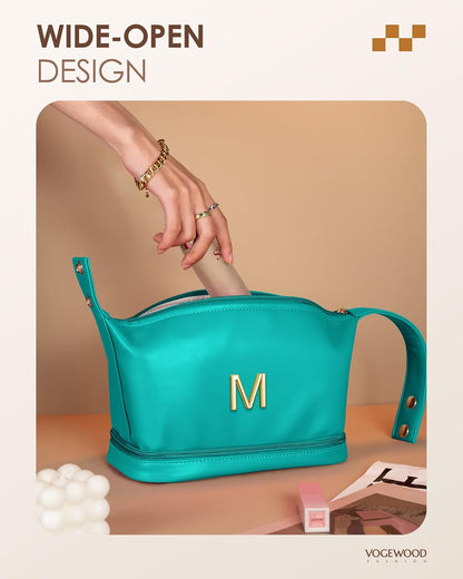College Women Gift Ideas, Personalized Makeup Bag with Handle, Initial Double Layer Cosmetic Bag with Makeup Brush Organizer, Cute Cosmetic Pouch for Women, Gifts Ideas for Co Workers