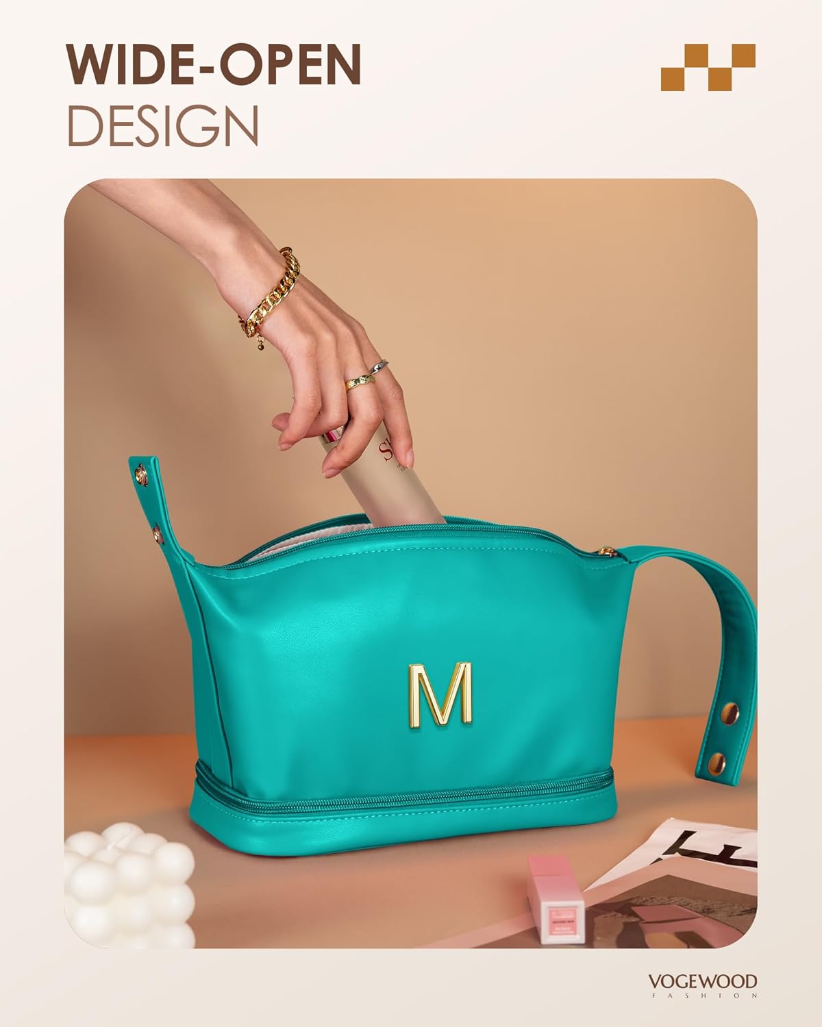 Women Gift Ideas for Her, Personalized Makeup Bag with Handle, Initial Double Layer Cosmetic Bag with Makeup Brush Organizer, Cute Cosmetic Pouch for Women, Gift for Friends Female Mom