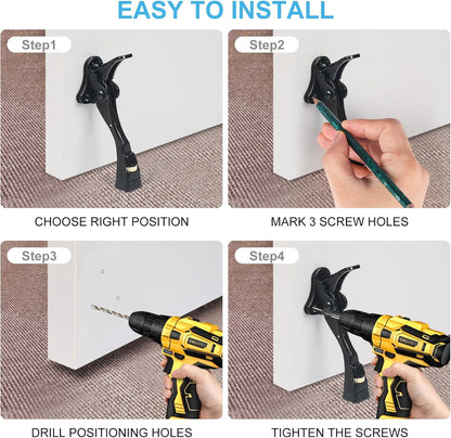 2 Packs Heavy Duty Kickdown Door Stopper, One Touch Adjustable Kickdown Door Stop for Heavy Doors, 4 in Metal Door Kickstand with Rubber Tip & Wall Protectors for Wide Doors- Black