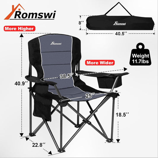 Romswi Oversized Camping Chairs,Heavy Duty Support 500 LBS,Padded Back & Arm Sport Chairs, Cup Holder Cooler Bag, Collapsible Folding Chairs for Outdoor, Fishing & Garden, Black,2-Pack