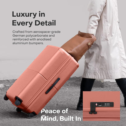 Checked Expandable - 24.5" Airline Approved Check In Luggage with Wheels, Spinner Suitcase for Men & Women - TSA Lock Rolling Suitcase, Spinner Wheels, Expansion Zip, Y-Strap - Clay