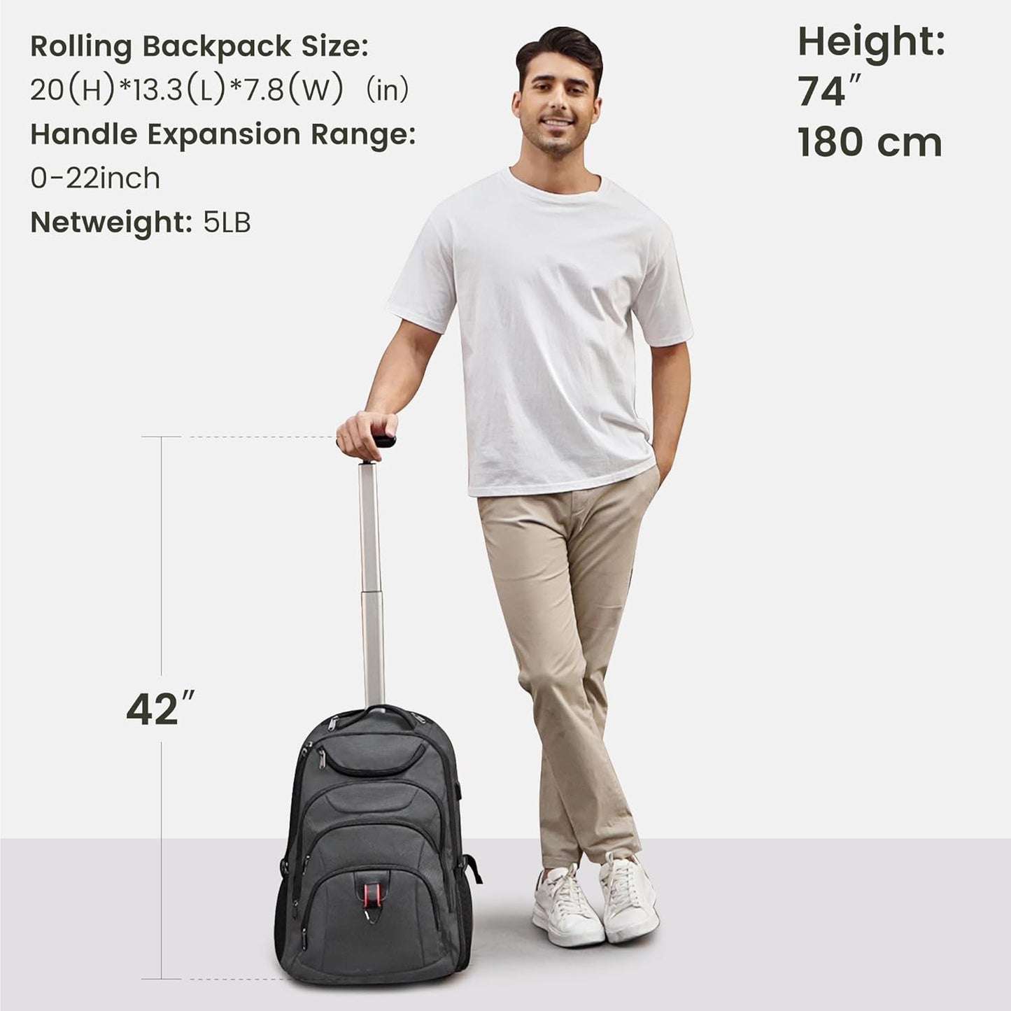 Boavan Rolling Backpack,17 inch Water Resistant Wheeled Backpack,Carry on Luggage Business Bag, Overnight College Computer bag Trolley Suitcase for Men Women Adults to Travel，Grey
