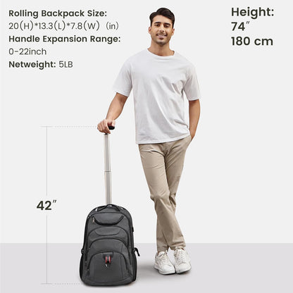 Boavan Rolling Backpack,17 inch Water Resistant Wheeled Backpack,Carry on Luggage Business Bag, Overnight College Computer bag Trolley Suitcase for Men Women Adults to Travel，Grey
