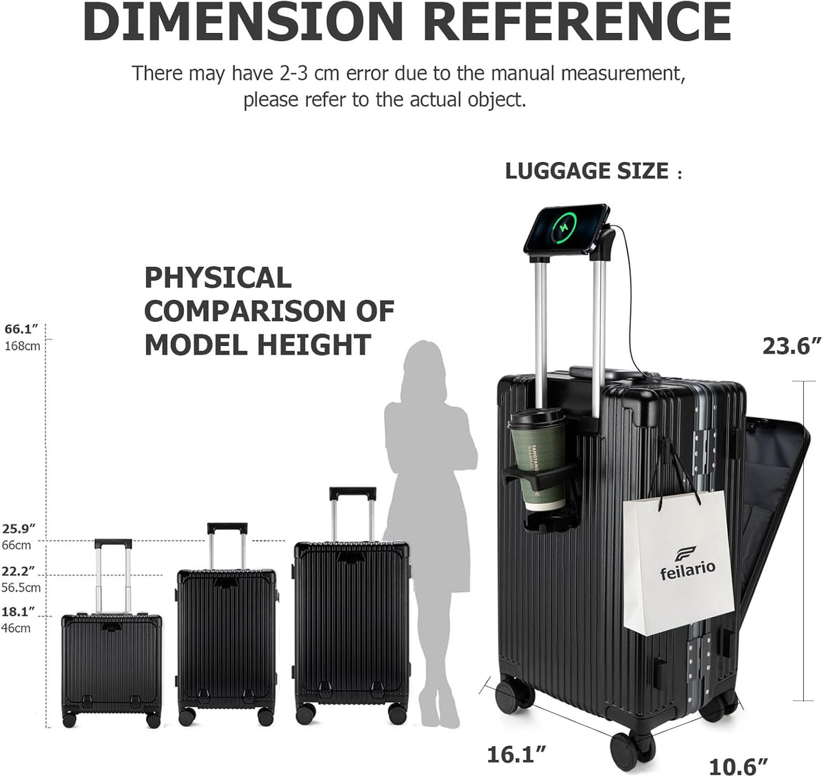 feilario 24in Aluminium Frame PC Hard Shell Spinner Wheels Luggage, Built-In TSA lock Carry on Suitcase, with Cup Holder, USB Port, Phone Holder ﻿