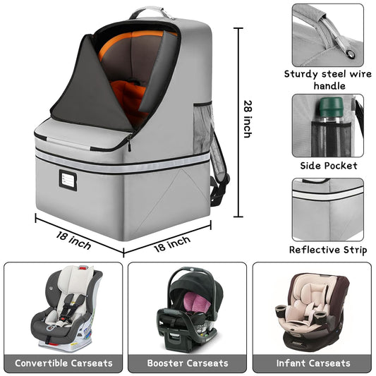 Car Seat Travel Bag,Padded Car Seats Backpack with Steel Cable Handle and Reflective Stripes, Large Durable Carseat Carrier Bag,Airport Gate Check Bag,Infant Seat Travel Bag with Shoulder Strap,Grey